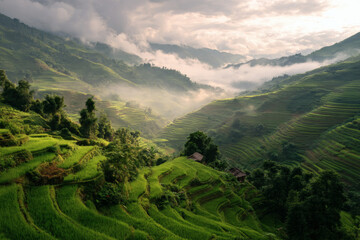 Obraz premium Misty mountain rice terraces landscape in southeast asia