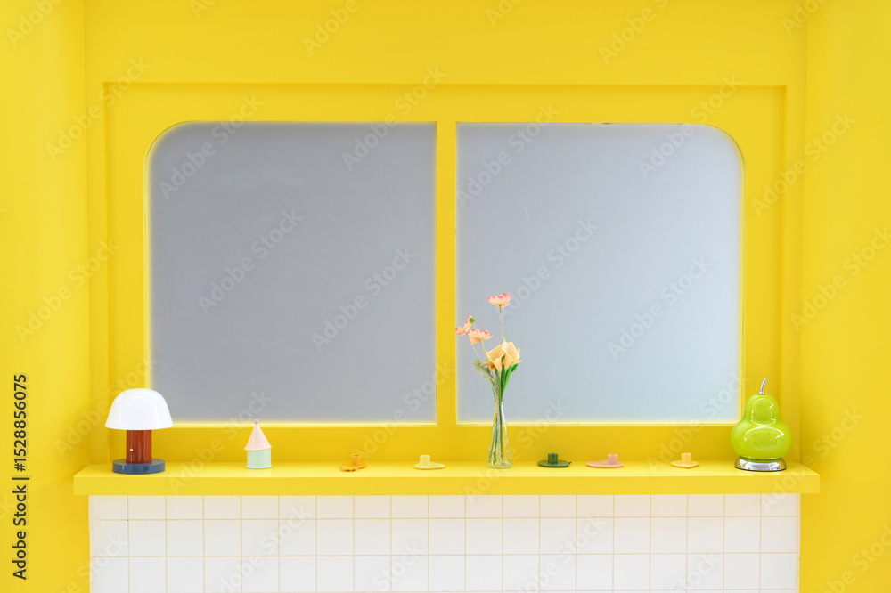 Poster modern minimalist design in bright yellow room interior. simple home decor features window with lamp