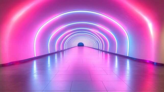 Futuristic illuminated pink tunnel perspective creating a sense of depth and progression for digital designs modern art