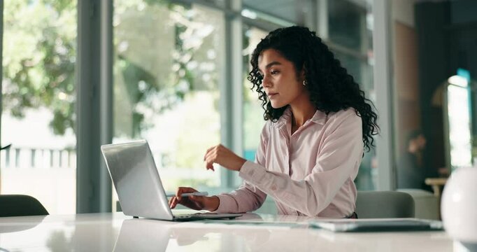 Smile, businesswoman or reading on laptop in office for account management or finance report. Research, budget or accountant with technology or news for tax compliance, investment project or auditing