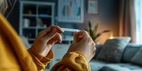Woman holding medical granules homeopathic medicine in living room