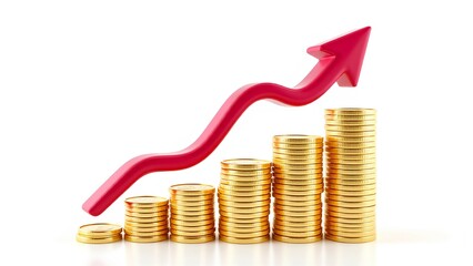 Growing stacks of gold coins with a red arrow trending upwards, symbolizing financial success and profit. A concept for investment, savings, and revenue growth, isolated on a white back