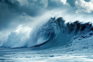 Dynamic ocean wave curling and breaking with foam and spray isolated on a white background