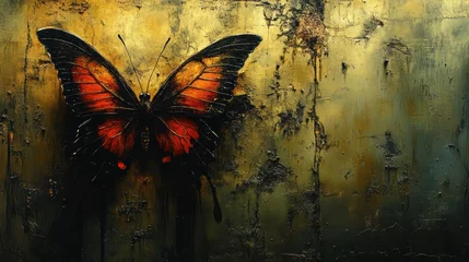 Photo sur Plexiglas Artistic rendering of dark butterfly with vibrant wings against golden textured grunge wall backdrop