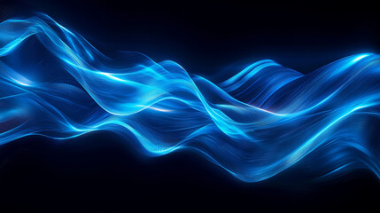 Abstract Blue Light Waves Dark Background Create Dynamic and Fluid Visual Effect, Evoking Sense of Motion and Energy with Intertwining Lines Suggesting Movement and Flow, Forming Mesmerizing Pattern.