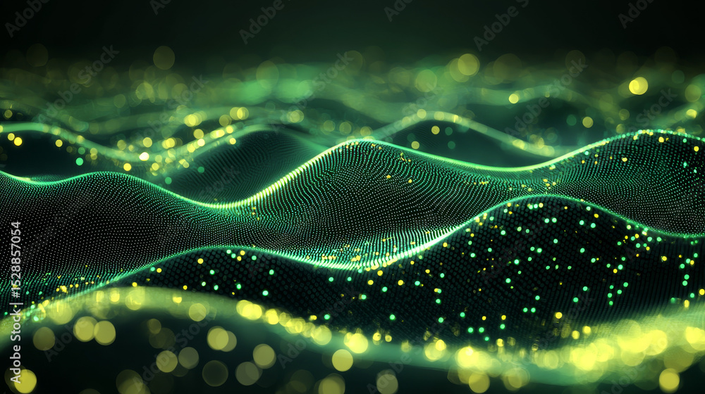 Poster abstract digital landscape with glowing green waves and dots creating futuristic and dynamic visual 