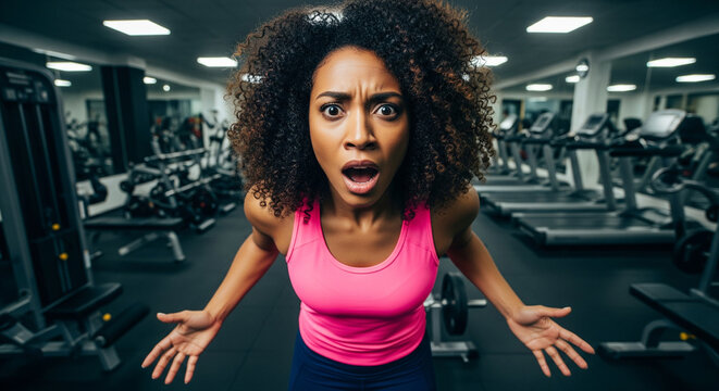 Shocked woman's reaction during gym workout