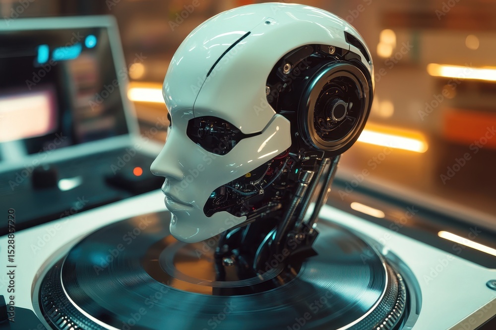 Poster robot head concept showcasing advanced artificial intelligence technology in a futuristic setting, r