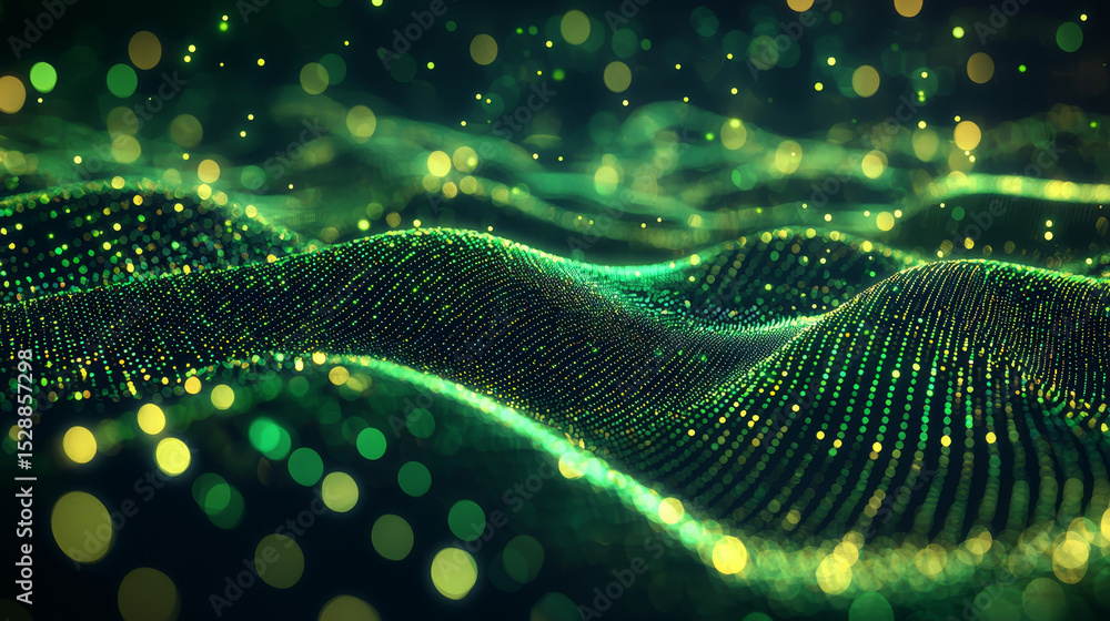 Poster glowing green lines and dots form a dynamic abstract scene, reflecting a high-tech, innovative atmos