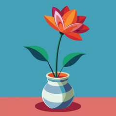 Stylized flower in a vase with leaves on a colored surface