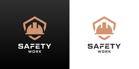 Shield and helmet logos. Safety worker icon for construction services.