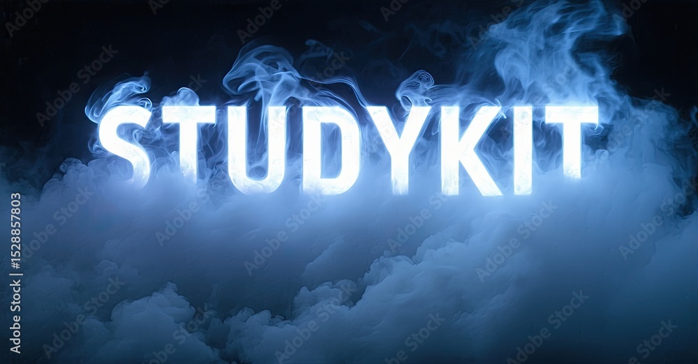 Poster bright text reads studykit over dark background. wispy smoke surrounds glowing letters, creating dra
