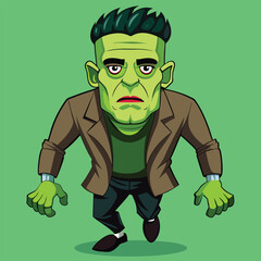 Cartoon frankenstein monster with green skin and brown coat