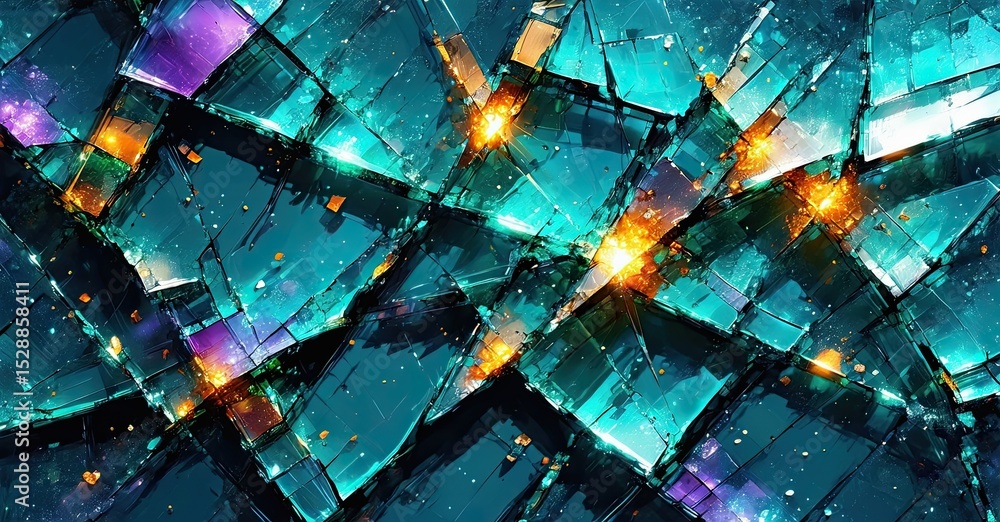 Poster fractured surface, vibrant colors, teal dominates. orange, purple highlights create abstract pattern