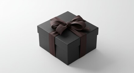 Elegant black gift box with a brown ribbon on a white background with copy space
