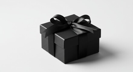Obraz premium Stylish black gift box with a black ribbon on a white background with copy space 