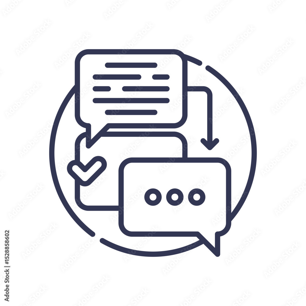 Poster speech bubbles and arrows symbolize continuous communication and feedback.