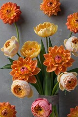 A symphony of sunset hues blooming in floral harmony, dahlias and tulips dance in a pastel embrace