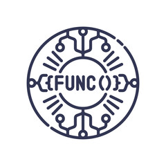 Circular tech design with 'FUNC()' symbolizing recursive functions and digital processes.