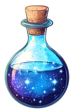 Magical potion bottle with sparkling stars and a cork stopper on white background