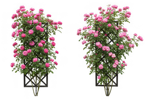 Two pink rose bushes on trellis isolated on transparent background