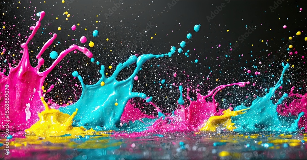 Poster vibrant paint splashes collide, creating dynamic colorful explosion against dark background. intense