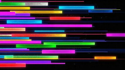 A dynamic digital abstract composition featuring a flowing arrangement of multicolored bars set against a deep black background. The vibrant lines create a sense of rhythm, motion, and energy, blendin
