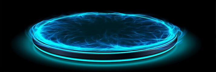 cyan neon power wireless charging pad with glowing plasma ring futuristic energy lines and a high-tech platform base
