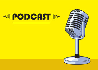 Vintage podcast microphone placed on yellow desk with bold background. Media concept