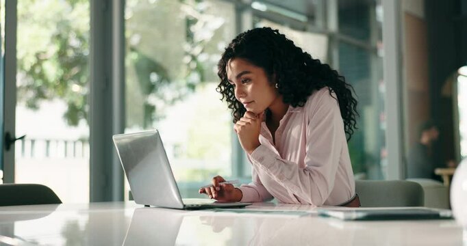Happy, businesswoman or reading on laptop in office for account management or finance report. Budget, thinking or accountant with technology or news for tax compliance, investment project or auditing