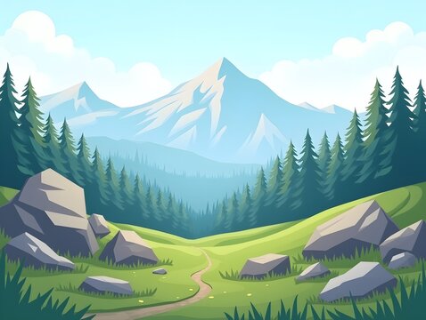 Scenic mountain landscape featuring rocks and trees prominently in the foreground, showcasing natural beauty flat illustration