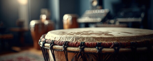 The rhythmic beating of a traditional hand drum focus on   Deep, calming rhythms for relaxation   vibrant   Double exposure   Music studio backdrop. High quality