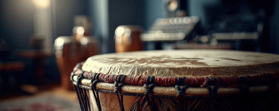 The rhythmic beating of a traditional hand drum focus on   Deep, calming rhythms for relaxation   vibrant   Double exposure   Music studio backdrop. High quality
