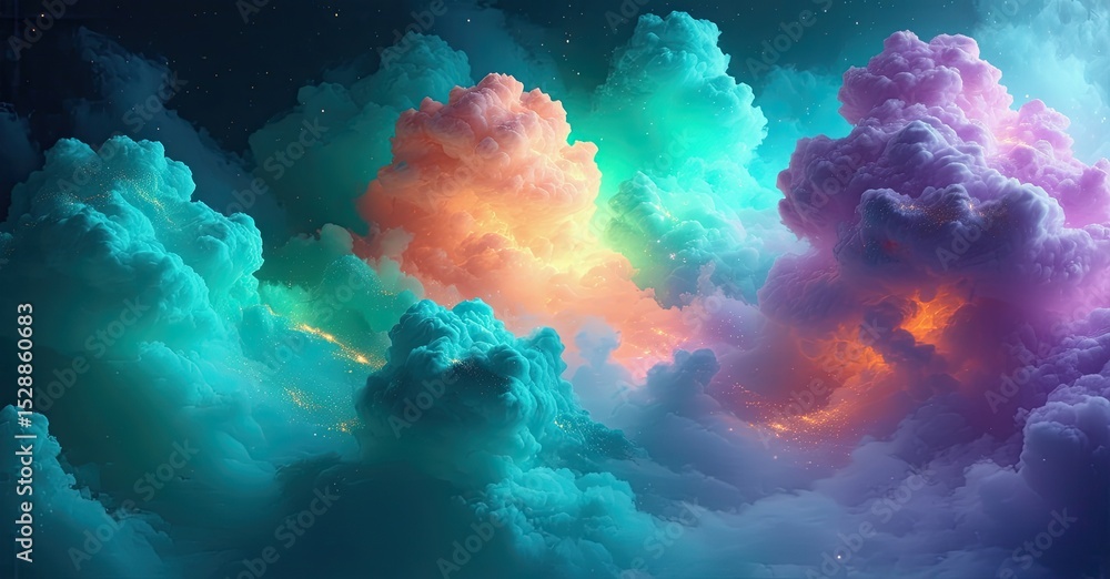 Poster vibrant clouds dominate scene. colors blend, creating surreal, dreamy atmosphere. light radiates fro