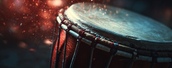 The rhythmic beating of a traditional hand drum focus on   Deep, calming rhythms for relaxation   vibrant   Double exposure   Music studio backdrop. High quality
