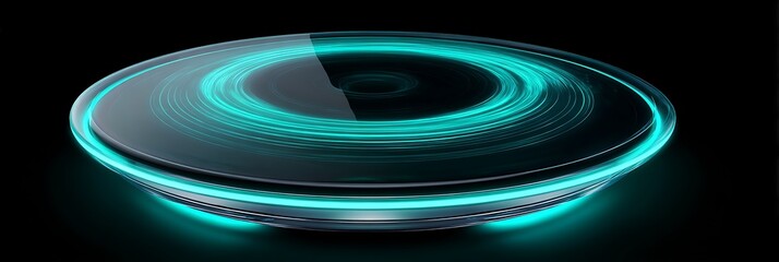 cyan neon power wireless charging pad with glowing plasma ring futuristic energy lines and a high-tech platform base