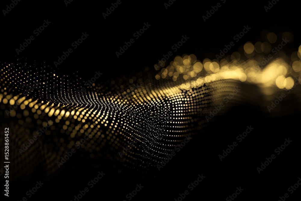 Poster Flickering gold bokeh dots create a mesmerizing abstract display in a dark background, Flickering blurred gold colored ed dots bokeh on clean black copy space background