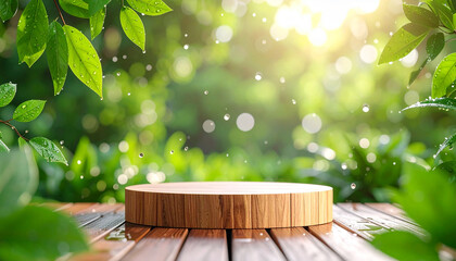 Exhibition stage concept with a wooden circular pedestal for displaying products in the background on a sunny rainy day.