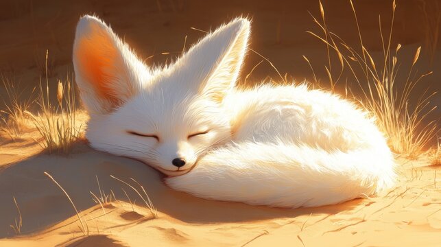 Adorable Sleeping Fennec Fox Curled Up in Golden Desert Sand