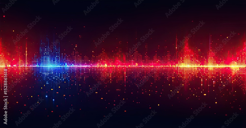 Poster Vibrant digital waveform. Red, blue, orange particles create dynamic sound visualization. Dark background emphasizes glowing energy patterns.