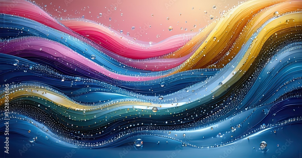 Aufkleber Colorful waves flow, creating vibrant abstract pattern. Water droplets add texture, light reflects beautifully. Smooth gradients dominate composition.
