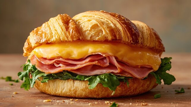Buttery croissant sandwich filled with melted cheese, sliced ham, and fresh greens, rests on a rustic surface