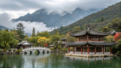 Fototapeta premium Lake Bled, Slovenia, and a Chinese mountain temple with traditional Asian architecture and pagoda reflection