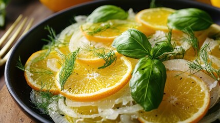 Vibrant orange slices and thinly sliced fennel arranged artfully on a dark plate, garnished with fresh basil and dill, seasoned with pepper.  A gold fork is subtly visible in the background
