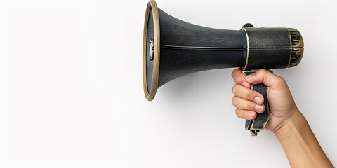 Female hand with megaphone on white 