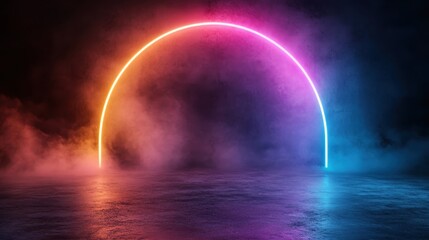 A stunning neon arch illuminated in vibrant colors, set against a dark, foggy backdrop that evokes a sense of mystery and intrigue, perfect for artistic and modern themes.