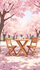 Fototapeta premium Wooden table and chairs under blooming cherry blossom trees 