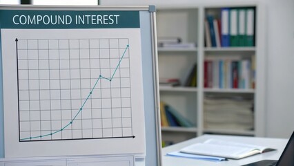 Financial independence early retirement concept. Visual representation illustrating a graph of compound interest in an office setting.