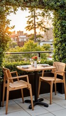 Fototapeta premium Cozy outdoor dining table with wooden chairs and sunset view 