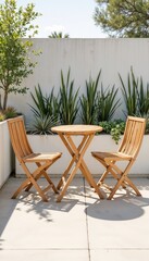 Obraz premium Wooden patio table and chairs set in modern garden environment 